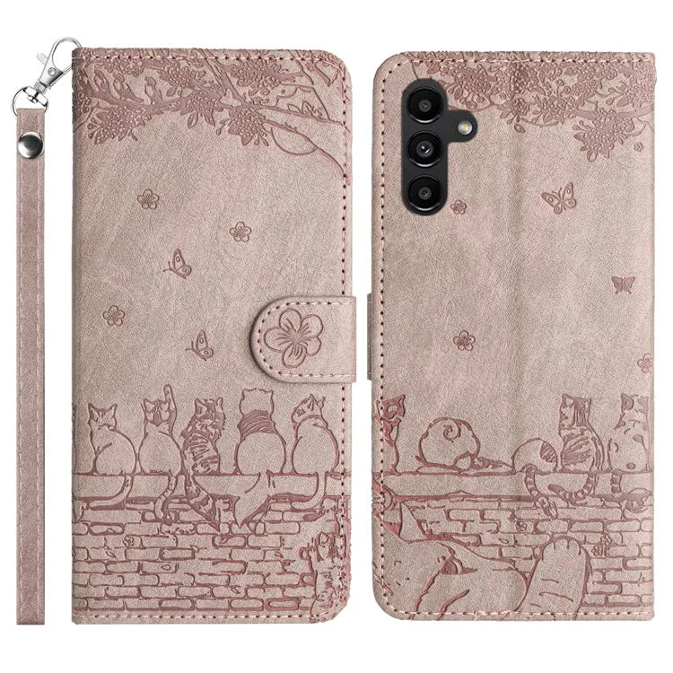 For Samsung Galaxy A05s 4G Case Wall Cats Imprinted PU Leather Wallet Phone Cover with Strap