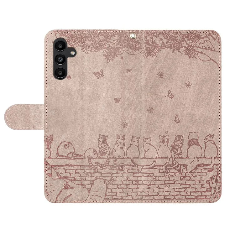 For Samsung Galaxy A05s 4G Case Wall Cats Imprinted PU Leather Wallet Phone Cover with Strap