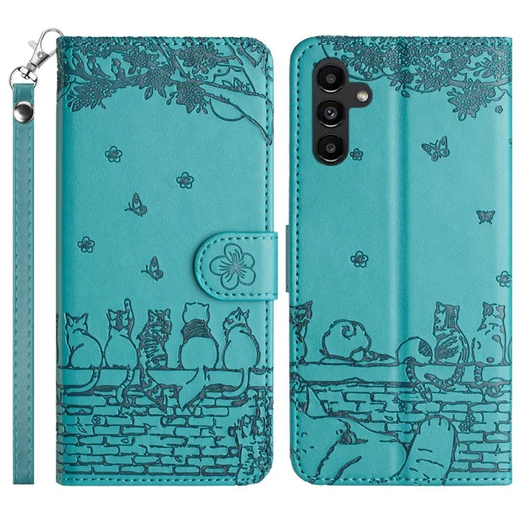 For Samsung Galaxy A05s 4G Case Wall Cats Imprinted PU Leather Wallet Phone Cover with Strap
