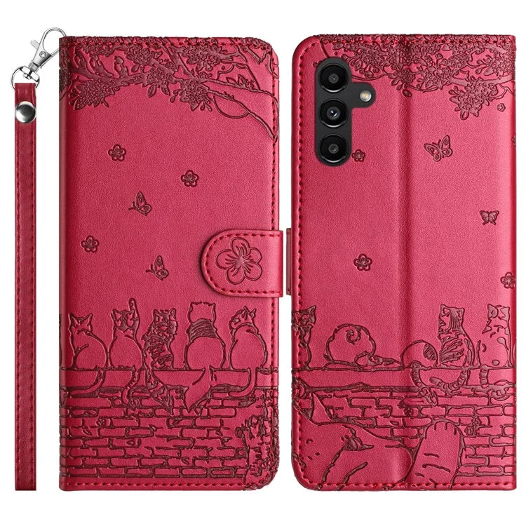 For Samsung Galaxy A05s 4G Case Wall Cats Imprinted PU Leather Wallet Phone Cover with Strap