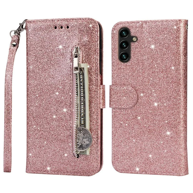 For Samsung Galaxy A15 4G Case Glittery PU Leather Cover with Zipper Pocket Gold
