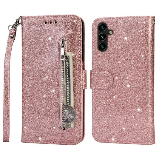 For Samsung Galaxy A15 4G Case Glittery PU Leather Cover with Zipper Pocket Gold