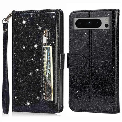 For Google Pixel 8 Pro Case Glittery PU Leather Zipper Pocket Cover