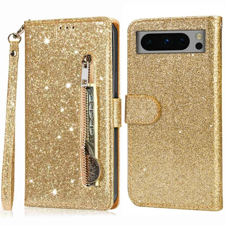 For Google Pixel 8 Pro Case Glittery PU Leather Zipper Pocket Cover