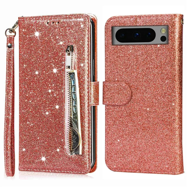 For Google Pixel 8 Pro Case Glittery PU Leather Zipper Pocket Cover