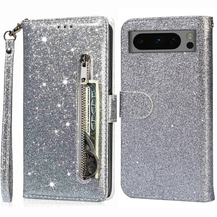 For Google Pixel 8 Pro Case Glittery PU Leather Zipper Pocket Cover