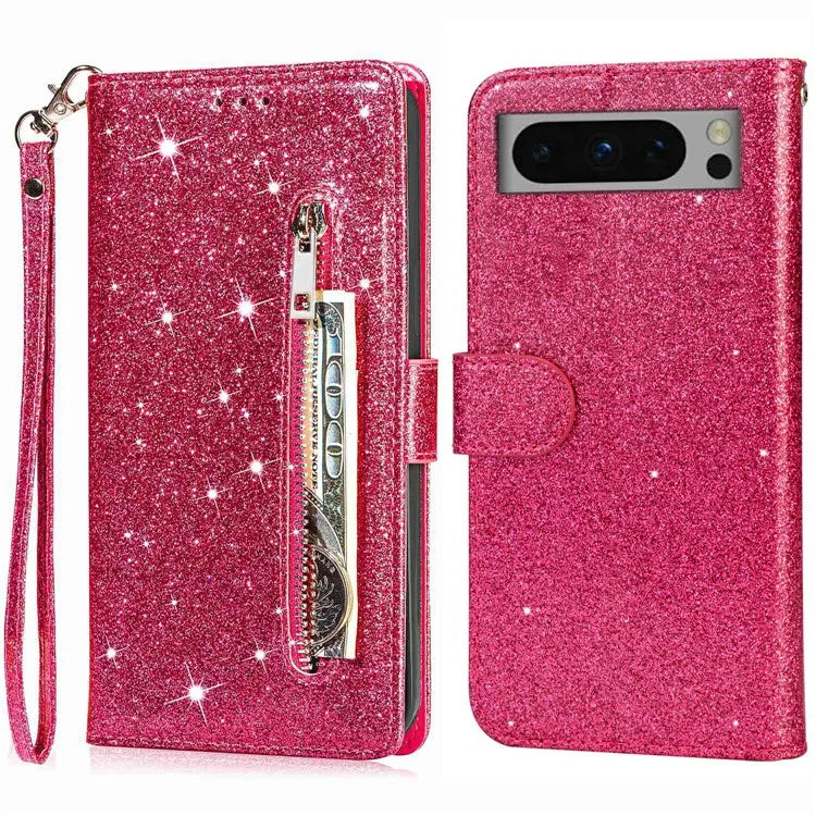 For Google Pixel 8 Pro Case Glittery PU Leather Zipper Pocket Cover