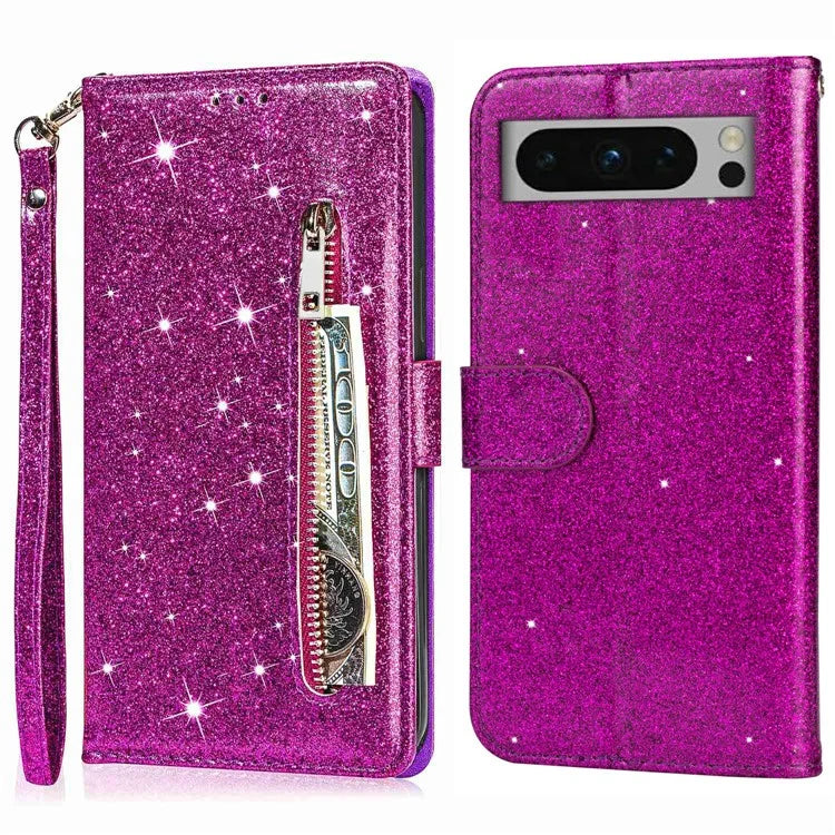 For Google Pixel 8 Pro Case Glittery PU Leather Zipper Pocket Cover