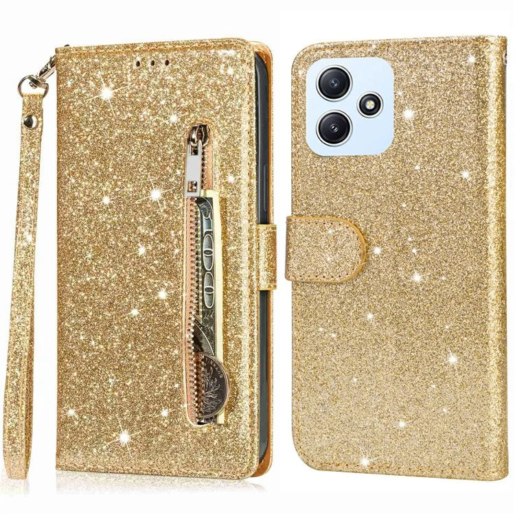 For Xiaomi Redmi 12 4G / 5G (Global) / Poco M6 Pro 5G Case Zipper Pocket Glittery Leather Cover