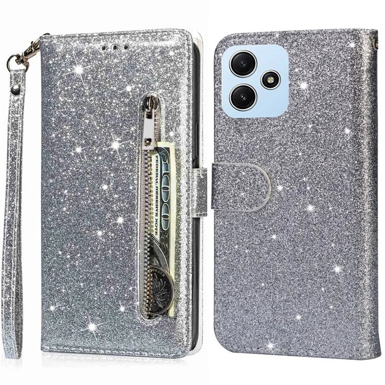 For Xiaomi Redmi 12 4G / 5G (Global) / Poco M6 Pro 5G Case Zipper Pocket Glittery Leather Cover