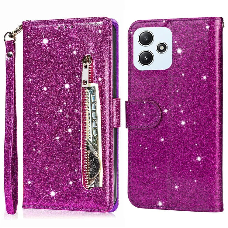 For Xiaomi Redmi 12 4G / 5G (Global) / Poco M6 Pro 5G Case Zipper Pocket Glittery Leather Cover