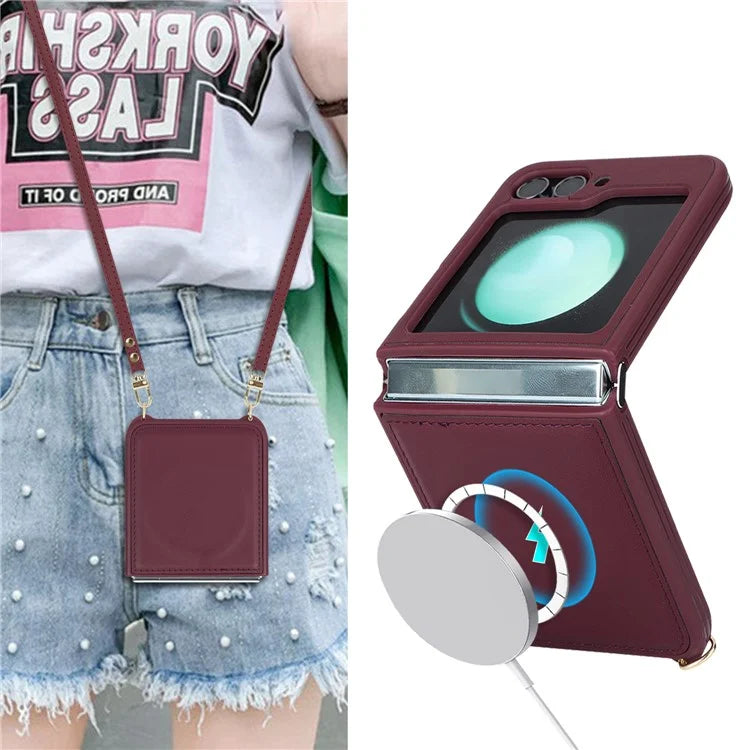 For Samsung Galaxy Z Flip5 5G Case R20 Texture Leather + PC Magnetic Phone Cover
