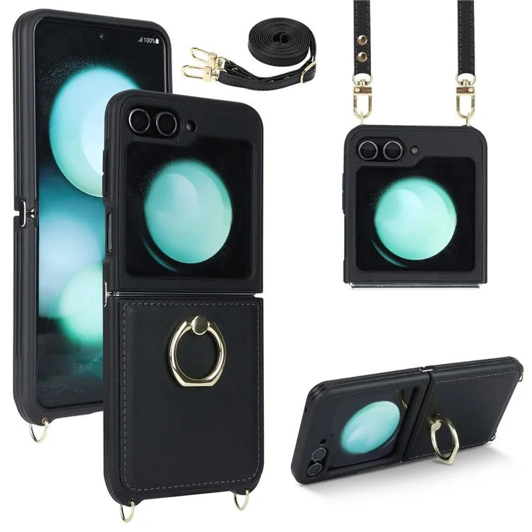 For Samsung Galaxy Z Flip5 5G Case Ring Kickstand R20 Texture Leather + PC Back Cover