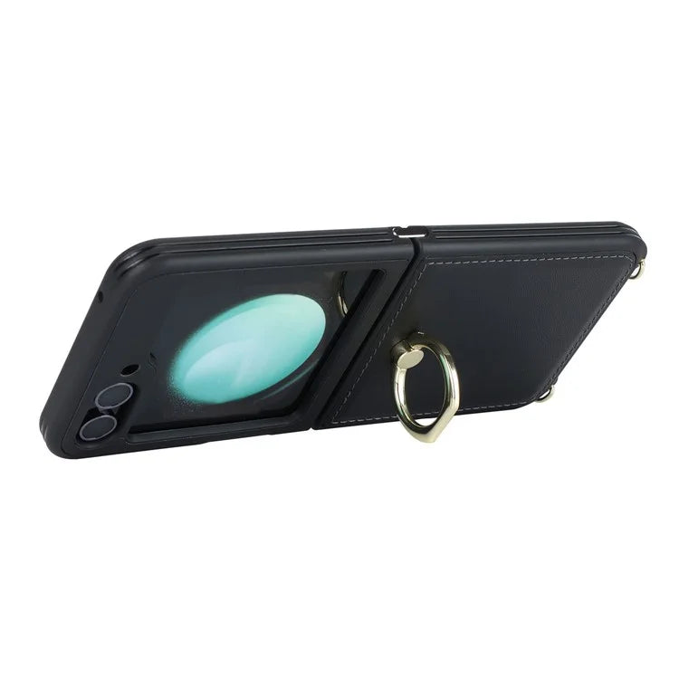 For Samsung Galaxy Z Flip5 5G Case Ring Kickstand R20 Texture Leather + PC Back Cover
