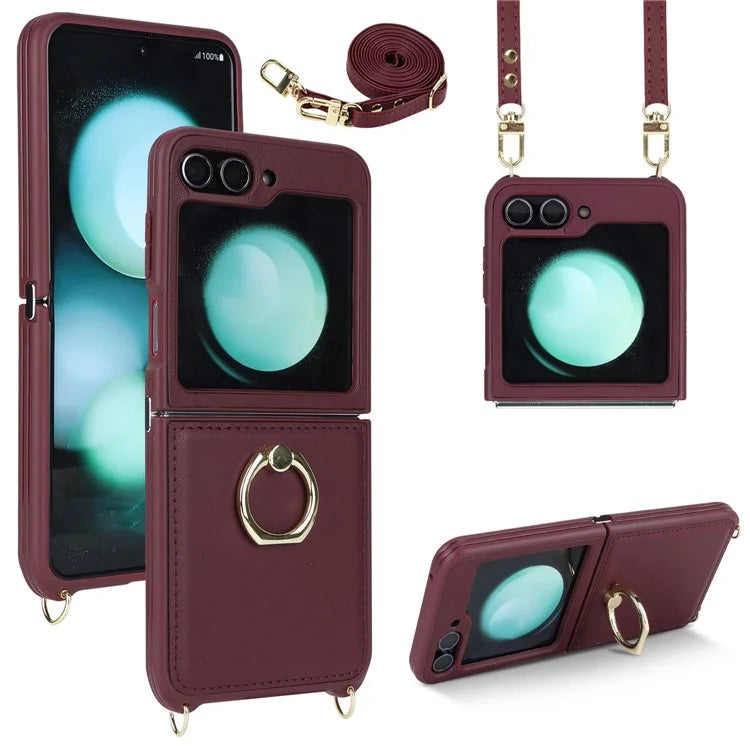 For Samsung Galaxy Z Flip5 5G Case Ring Kickstand R20 Texture Leather + PC Back Cover