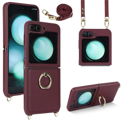 For Samsung Galaxy Z Flip5 5G Case Ring Kickstand R20 Texture Leather + PC Back Cover