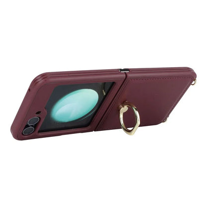 For Samsung Galaxy Z Flip5 5G Case Ring Kickstand R20 Texture Leather + PC Back Cover
