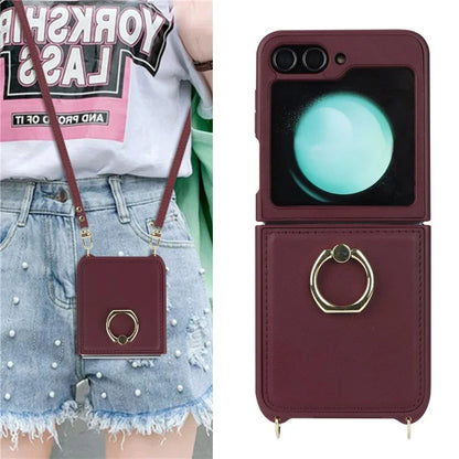 For Samsung Galaxy Z Flip5 5G Case Ring Kickstand R20 Texture Leather + PC Back Cover