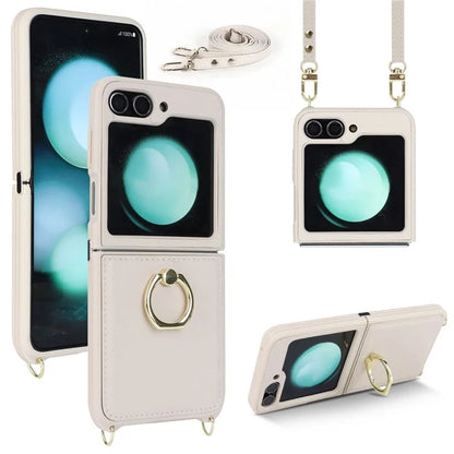 For Samsung Galaxy Z Flip5 5G Case Ring Kickstand R20 Texture Leather + PC Back Cover
