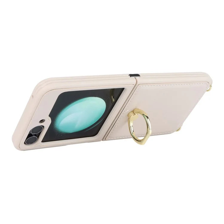 For Samsung Galaxy Z Flip5 5G Case Ring Kickstand R20 Texture Leather + PC Back Cover
