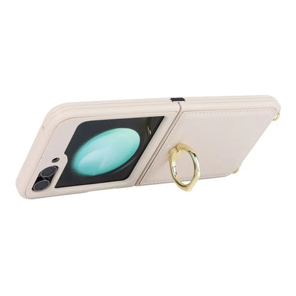 For Samsung Galaxy Z Flip5 5G Case Ring Kickstand R20 Texture Leather + PC Back Cover