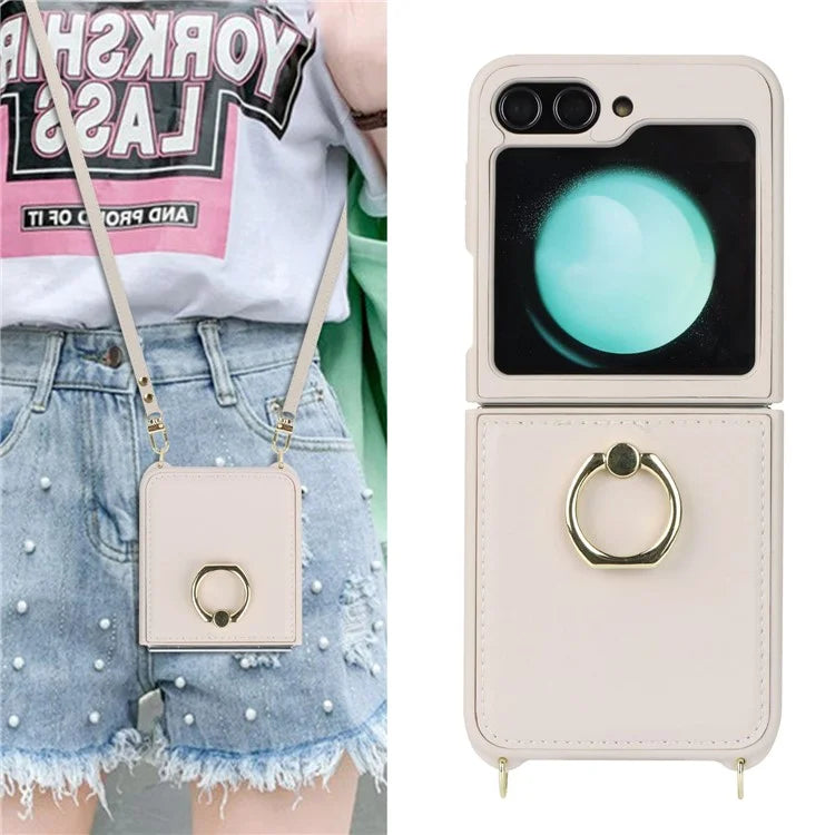 For Samsung Galaxy Z Flip5 5G Case Ring Kickstand R20 Texture Leather + PC Back Cover