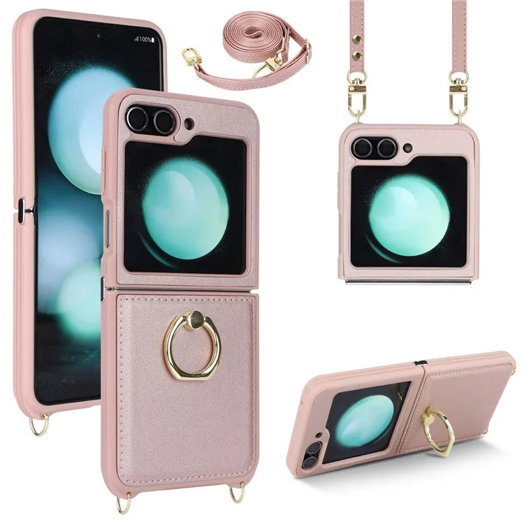 For Samsung Galaxy Z Flip5 5G Case Ring Kickstand R20 Texture Leather + PC Back Cover