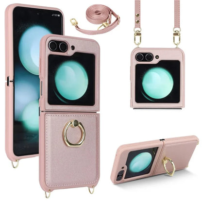 For Samsung Galaxy Z Flip5 5G Case Ring Kickstand R20 Texture Leather + PC Back Cover