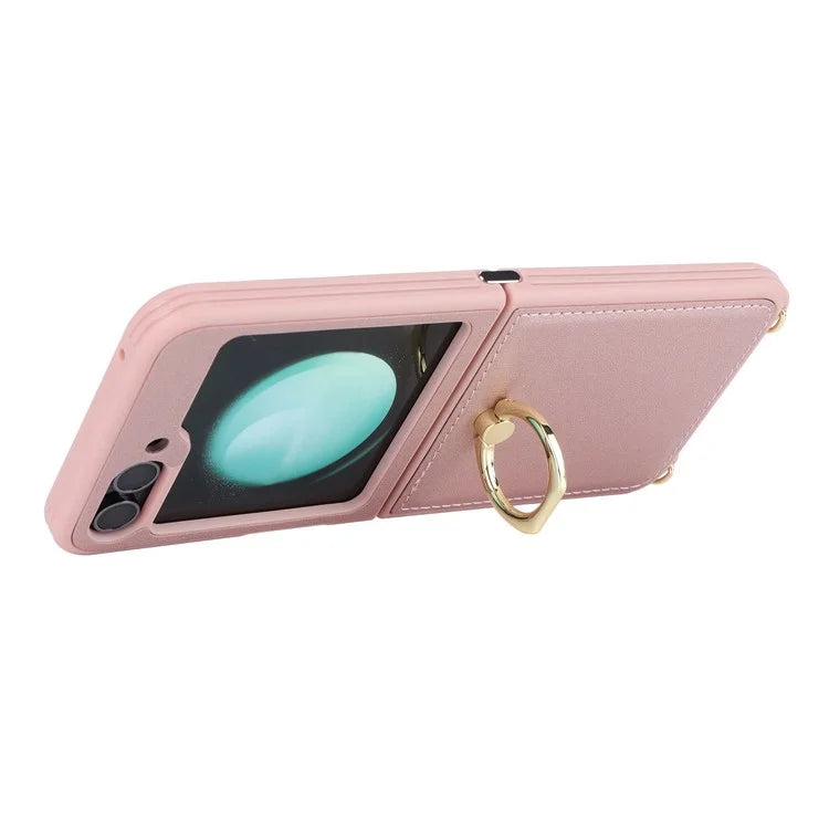 For Samsung Galaxy Z Flip5 5G Case Ring Kickstand R20 Texture Leather + PC Back Cover
