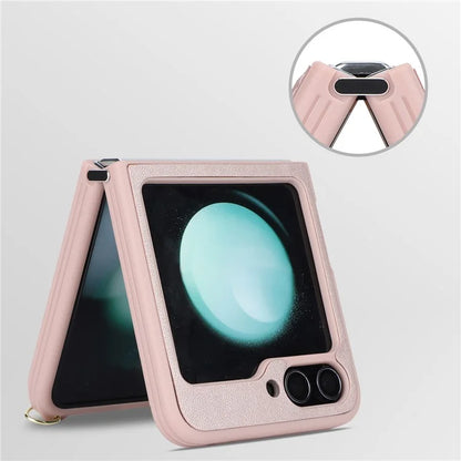 For Samsung Galaxy Z Flip5 5G Case Ring Kickstand R20 Texture Leather + PC Back Cover