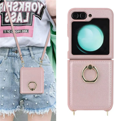 For Samsung Galaxy Z Flip5 5G Case Ring Kickstand R20 Texture Leather + PC Back Cover