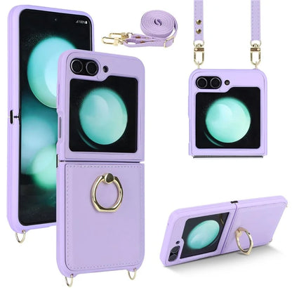 For Samsung Galaxy Z Flip5 5G Case Ring Kickstand R20 Texture Leather + PC Back Cover