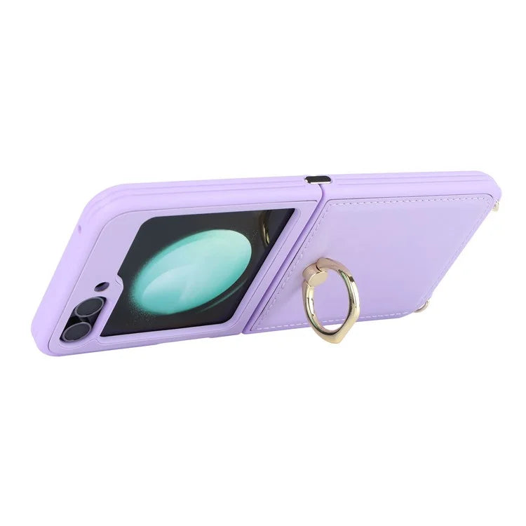 For Samsung Galaxy Z Flip5 5G Case Ring Kickstand R20 Texture Leather + PC Back Cover