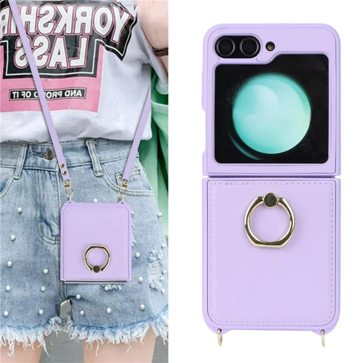 For Samsung Galaxy Z Flip5 5G Case Ring Kickstand R20 Texture Leather + PC Back Cover