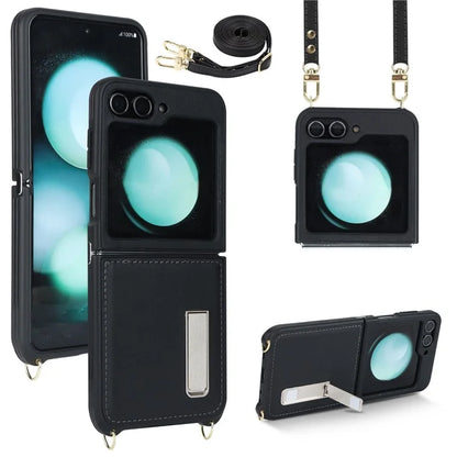 For Samsung Galaxy Z Flip5 5G Case R20 Texture Leather + PC Kickstand Cover
