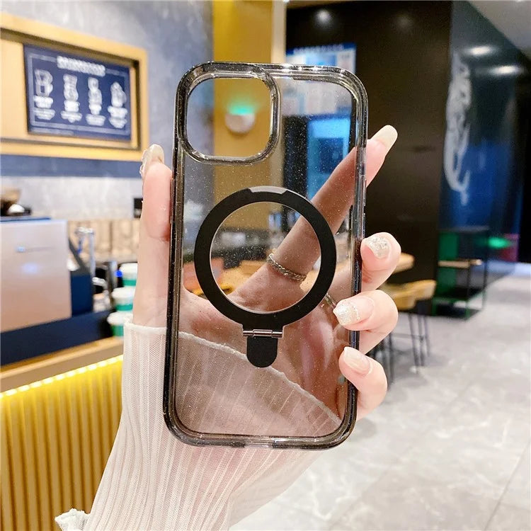 For iPhone 15 Glitter Clear Case TPU+Acrylic Magnetic Kickstand Phone Cover
