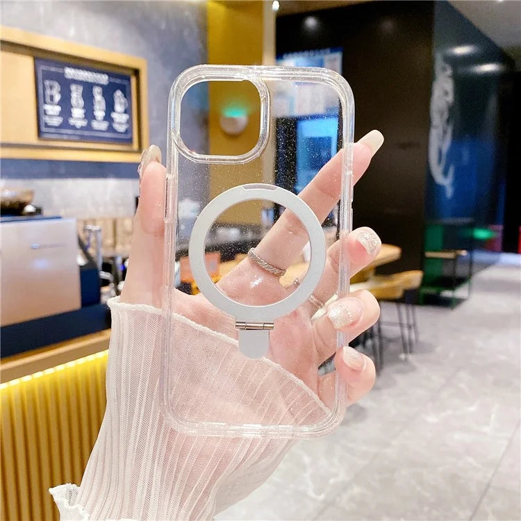 For iPhone 15 Glitter Clear Case TPU+Acrylic Magnetic Kickstand Phone Cover