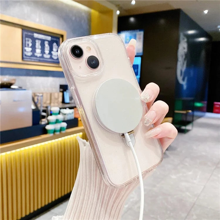 For iPhone 15 Glitter Clear Case TPU+Acrylic Magnetic Kickstand Phone Cover