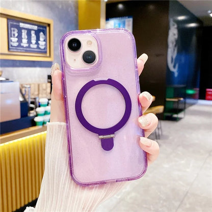 For iPhone 15 Glitter Clear Case TPU+Acrylic Magnetic Kickstand Phone Cover