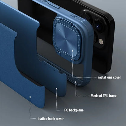 NILLKIN CamShield Prop for iPhone 15 Pro Case Lens Cover PU Leather+PC+TPU Phone Cover