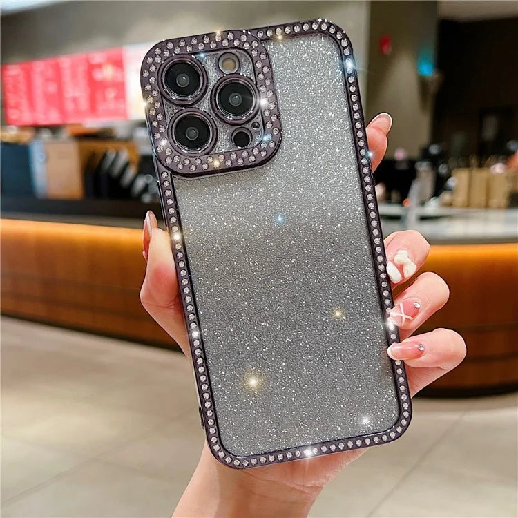 For iPhone 15 Pro Glitter Phone Case Rhinestone Decor Electroplating Protective Cover
