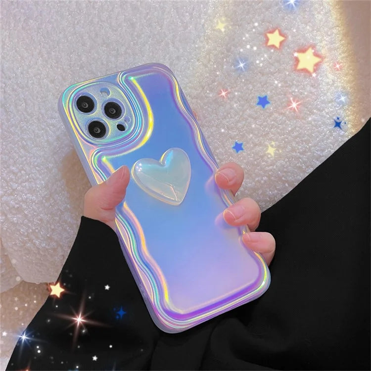 For iPhone 15 Pro Case Shockproof Laser Soft TPU Phone Cover with 3D Heart Pattern