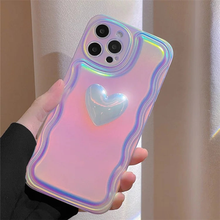 For iPhone 15 Pro Max Soft TPU Case Shockproof Laser Phone Cover with 3D Heart Pattern