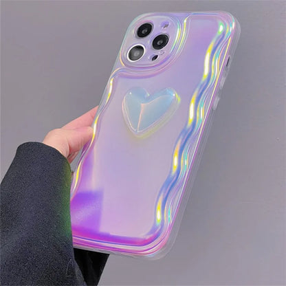For iPhone 15 Pro Max Soft TPU Case Shockproof Laser Phone Cover with 3D Heart Pattern