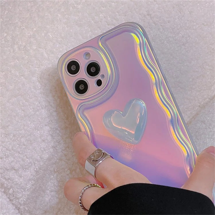 For iPhone 15 Pro Max Soft TPU Case Shockproof Laser Phone Cover with 3D Heart Pattern