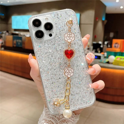 Shockproof TPU Case for iPhone 15 Pro Case Glitter Epoxy Phone Shell with Bracelet Strap