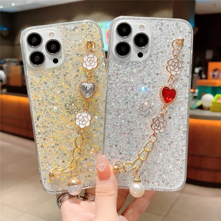 Shockproof TPU Case for iPhone 15 Pro Case Glitter Epoxy Phone Shell with Bracelet Strap