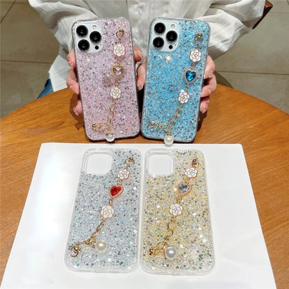 Shockproof TPU Case for iPhone 15 Pro Case Glitter Epoxy Phone Shell with Bracelet Strap