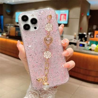 Shockproof TPU Case for iPhone 15 Pro Case Glitter Epoxy Phone Shell with Bracelet Strap