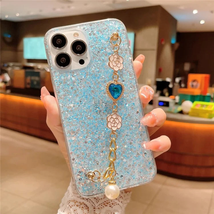 Shockproof TPU Case for iPhone 15 Pro Case Glitter Epoxy Phone Shell with Bracelet Strap